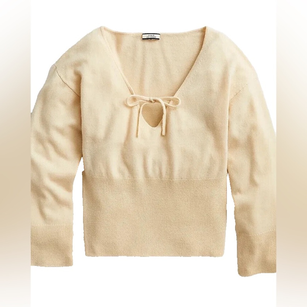 J Crew Cream Ribbed Cashmere Tied V-Neck Sweater Long Sleeve Womens Size Large